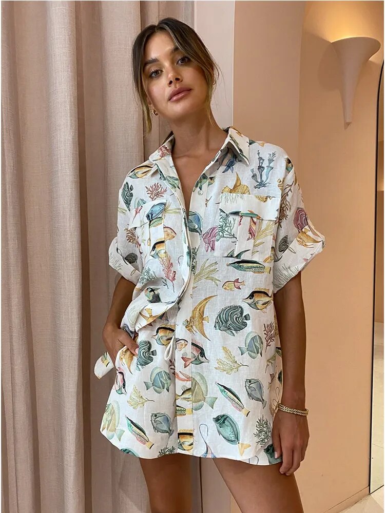 KAAAZI Printed Shirts Shorts Suit Female Holiday Casual Short Sleeve Loose Top Linen Women 2 Pieces Set Summer Fashion Outfits